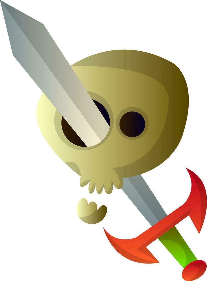 Karikatur Schädel mit groß Schwert Vektor illustartion auf Weiß Hintergrund