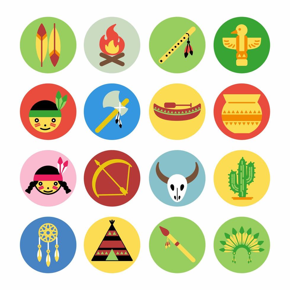 Icon Set Vektorgrafik des amerikanischen Ureinwohners. Symbol im bunten flachen Stil. vektor