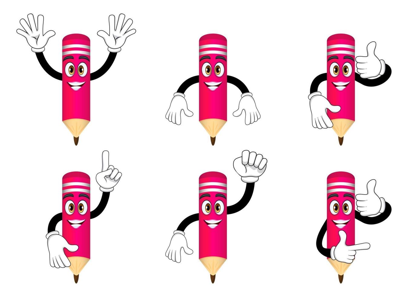 Maskottchen-Bleistiftfiguren, die stehen und verschiedene Aktionen ausführen, winken vektor