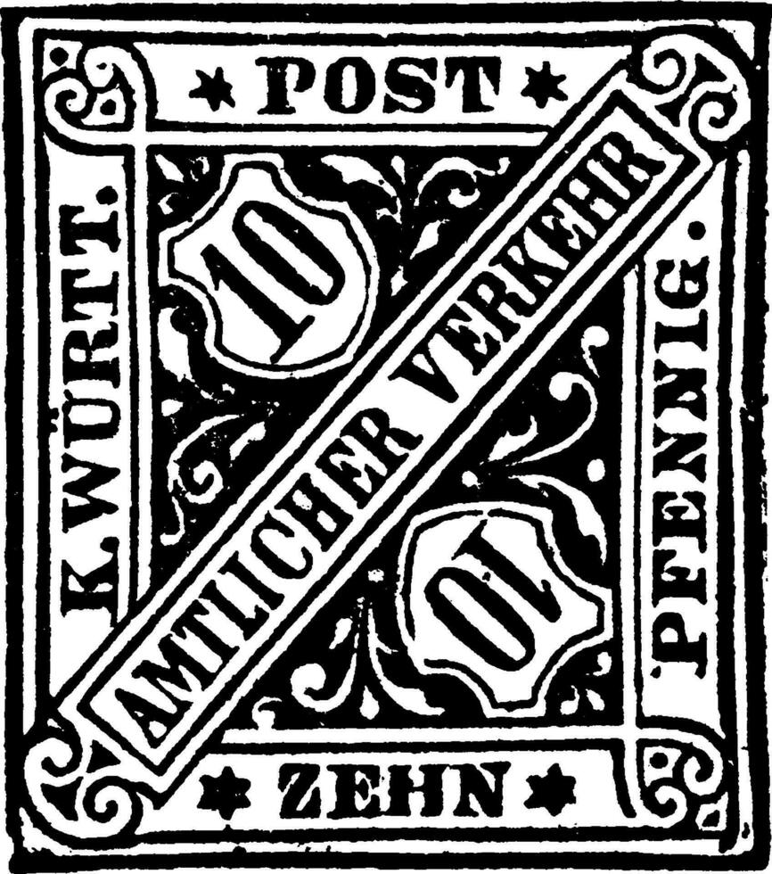 württemberg zehn Pfennig offiziell Briefmarke im 1881, Jahrgang Illustration. vektor