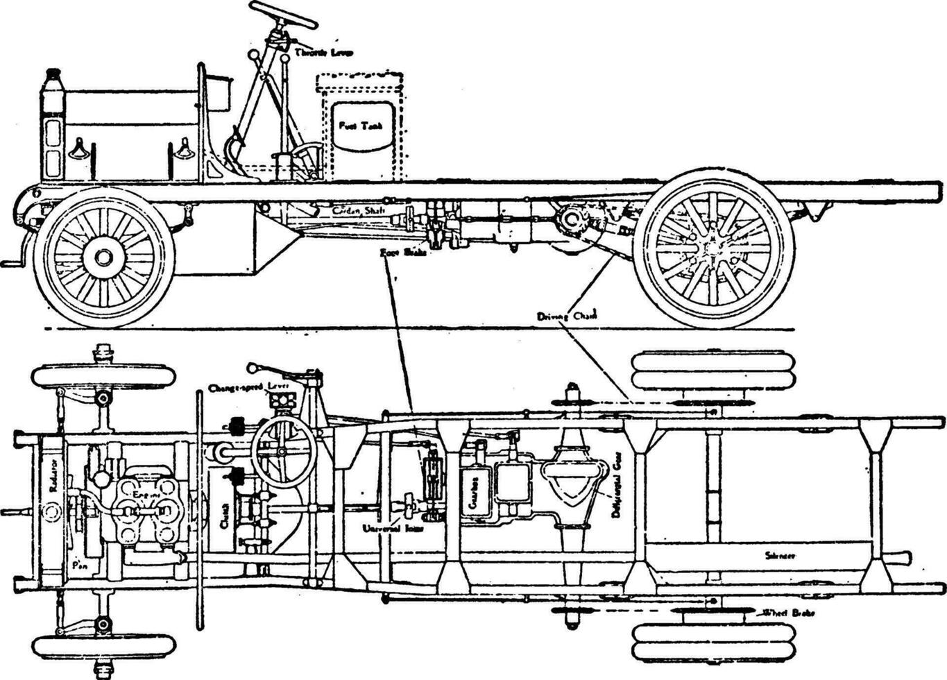 halley skåpbil eller lastbil med inre förbränning fordon sida och chassi se, årgång illustration. vektor