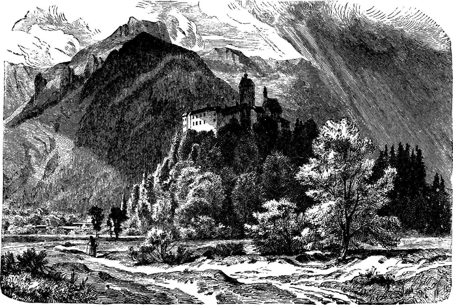 Schloss von Hohenaschau, Jahrgang Illustration. vektor