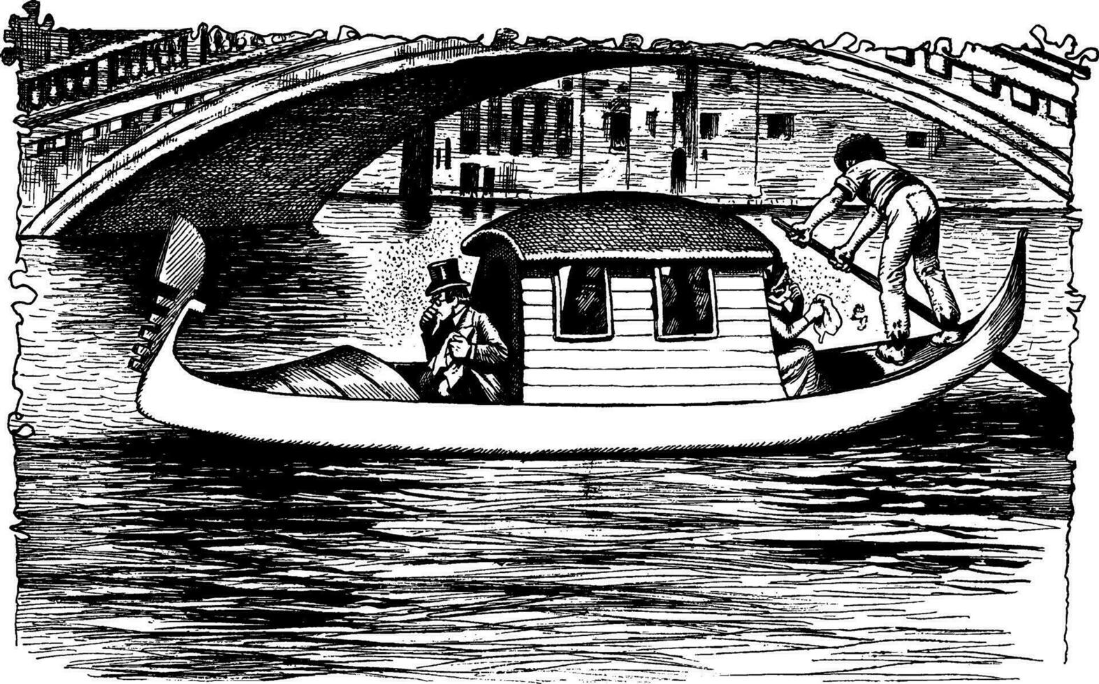 Boot unter Brücke, Jahrgang Illustration. vektor