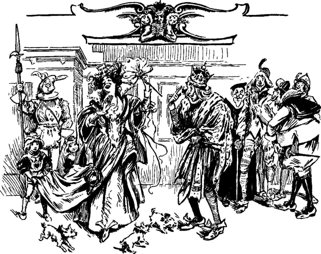 drottning och kung omgiven förbi människor, årgång illustration vektor