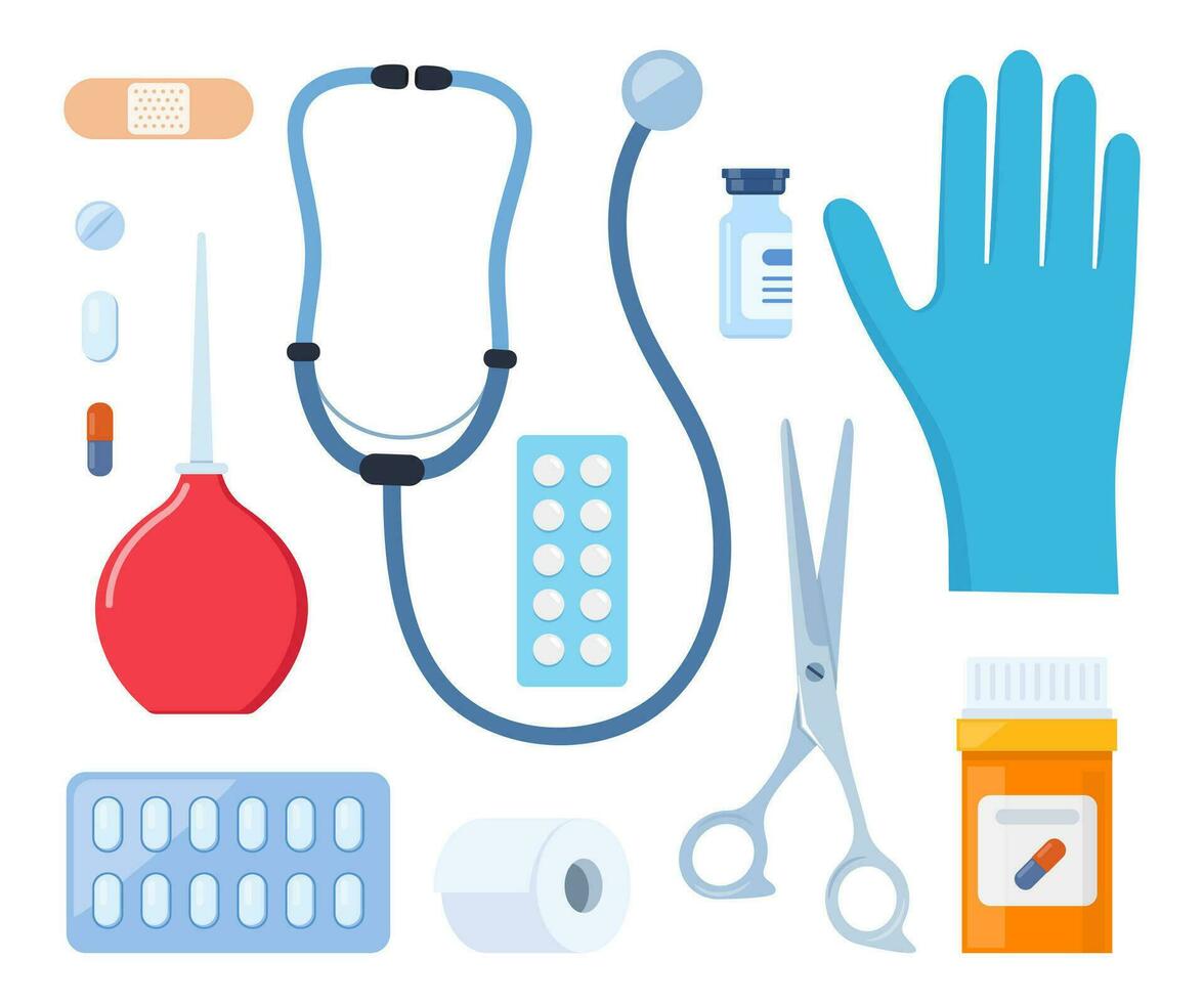 zuerst Hilfe Kit Elemente, Satz. medizinisch Hilfe Artikel. Pflaster, Pillen, Bandage, Aspirin, Thermometer, Handschuhe, Spritze, Schmerzmittel. Elemente zum medizinisch Infografiken. Vektor Illustration.