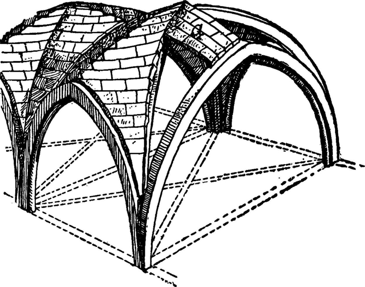 grotesk Gewölbe mit Zickzack- Firstverbindungen, wie ein doppelt Fass Gewölbe, Jahrgang Gravur. vektor