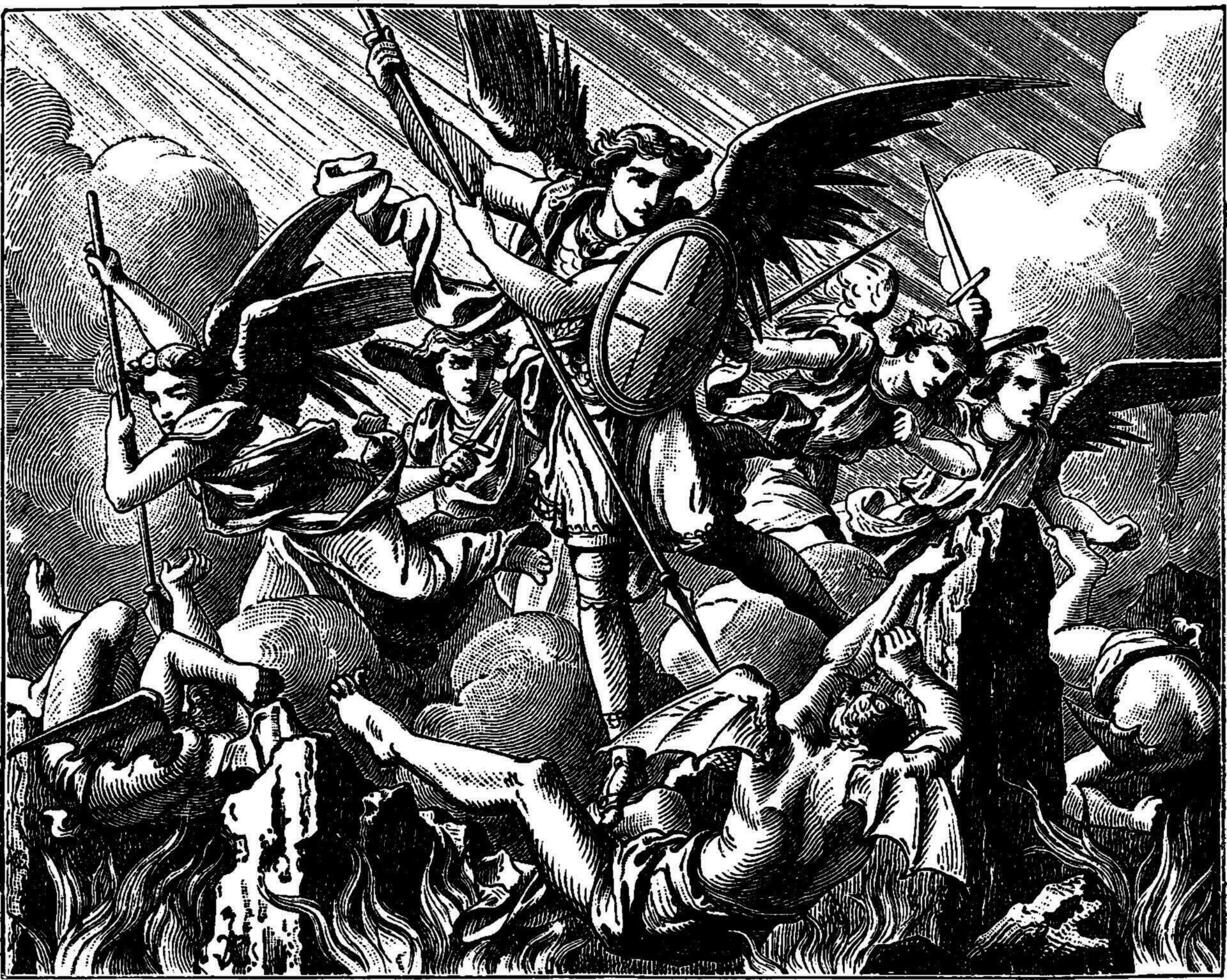 Luzifers fallen von Himmel - - Michael und andere Engel Kampf gegen das besiegt Engel Jahrgang Illustration. vektor