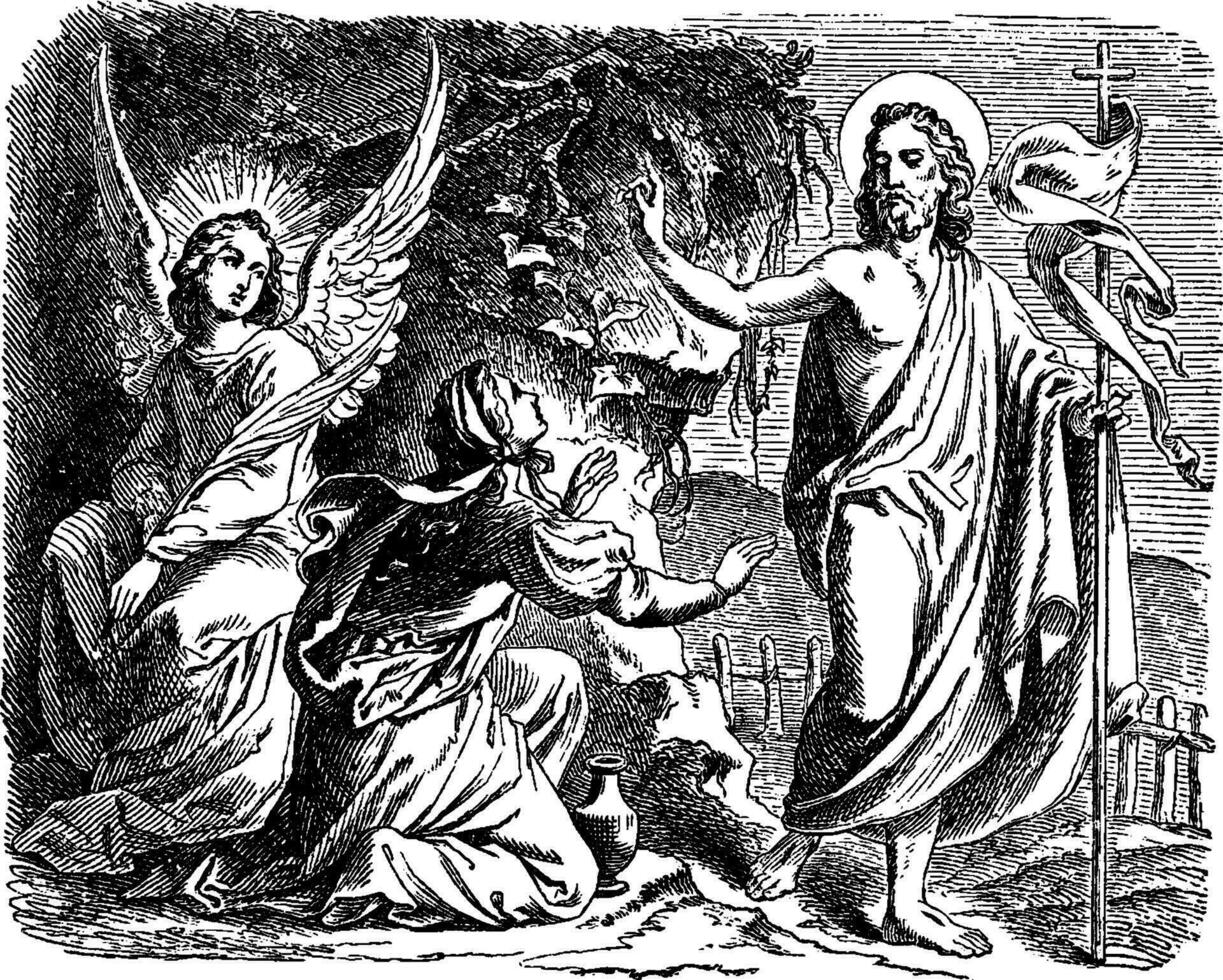 Jesus erscheint zu Maria Magdalena draußen das Grab Jahrgang Illustration. vektor