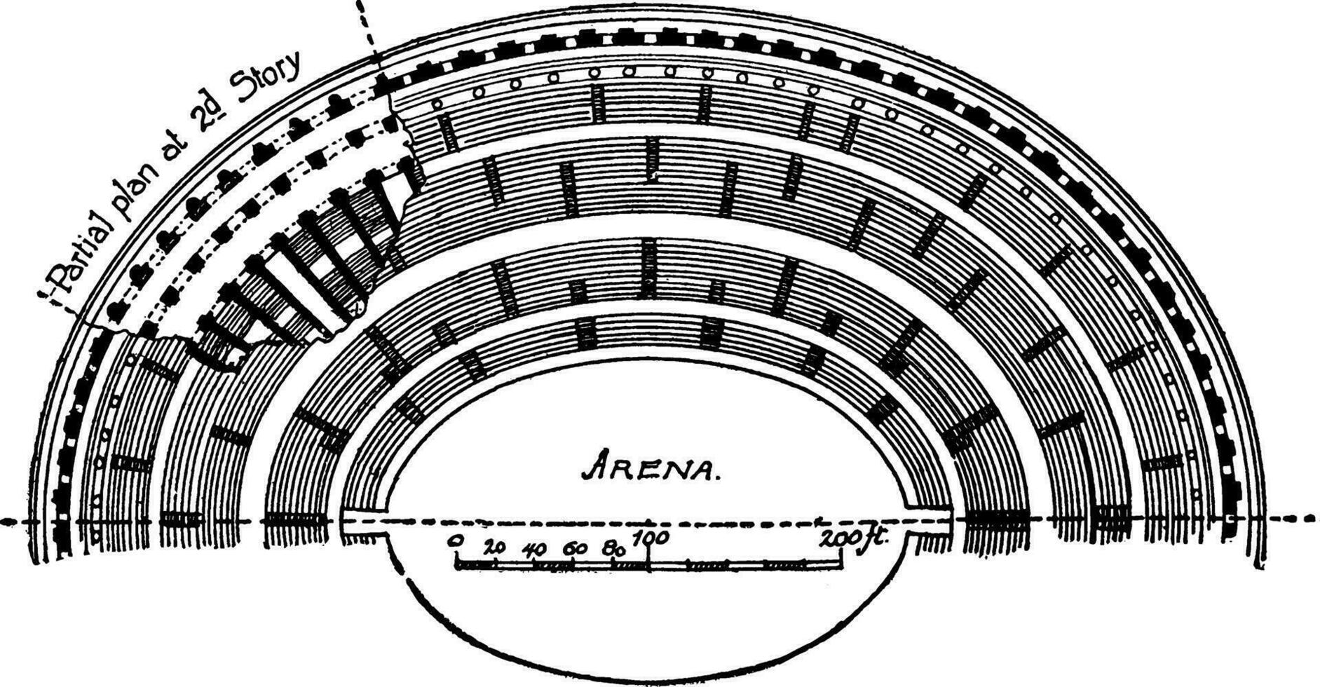 Colosseum, halv planen, årgång gravyr. vektor