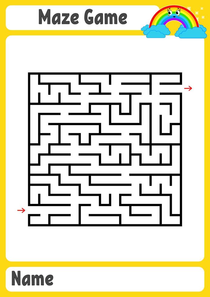 abstrakt fyrkantig labyrint. barnens kalkylblad. spelpussel för barn. rolig regnbåge på en färgad bakgrund. en ingång, en utgång. labyrintkonst. vektor illustration. med plats för namn.