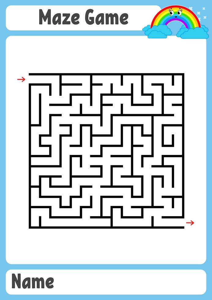 abstrakt fyrkantig labyrint. barnens kalkylblad. spelpussel för barn. rolig regnbåge på en färgad bakgrund. en ingång, en utgång. labyrintkonst. vektor illustration. med plats för namn.