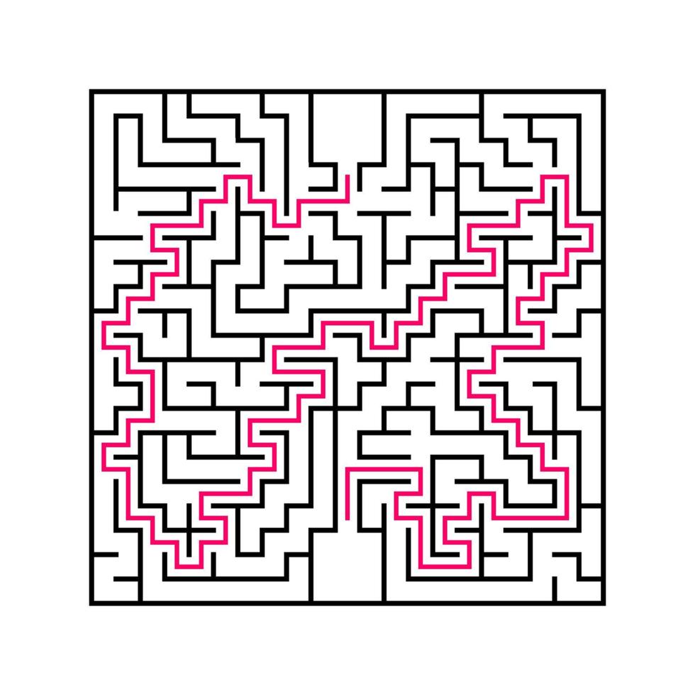 schwarzes quadratisches Labyrinth mit Ein- und Ausgang. ein interessantes und nützliches Spiel für Kinder. einfache flache Vektorillustration lokalisiert auf weißem Hintergrund. mit der Antwort. vektor