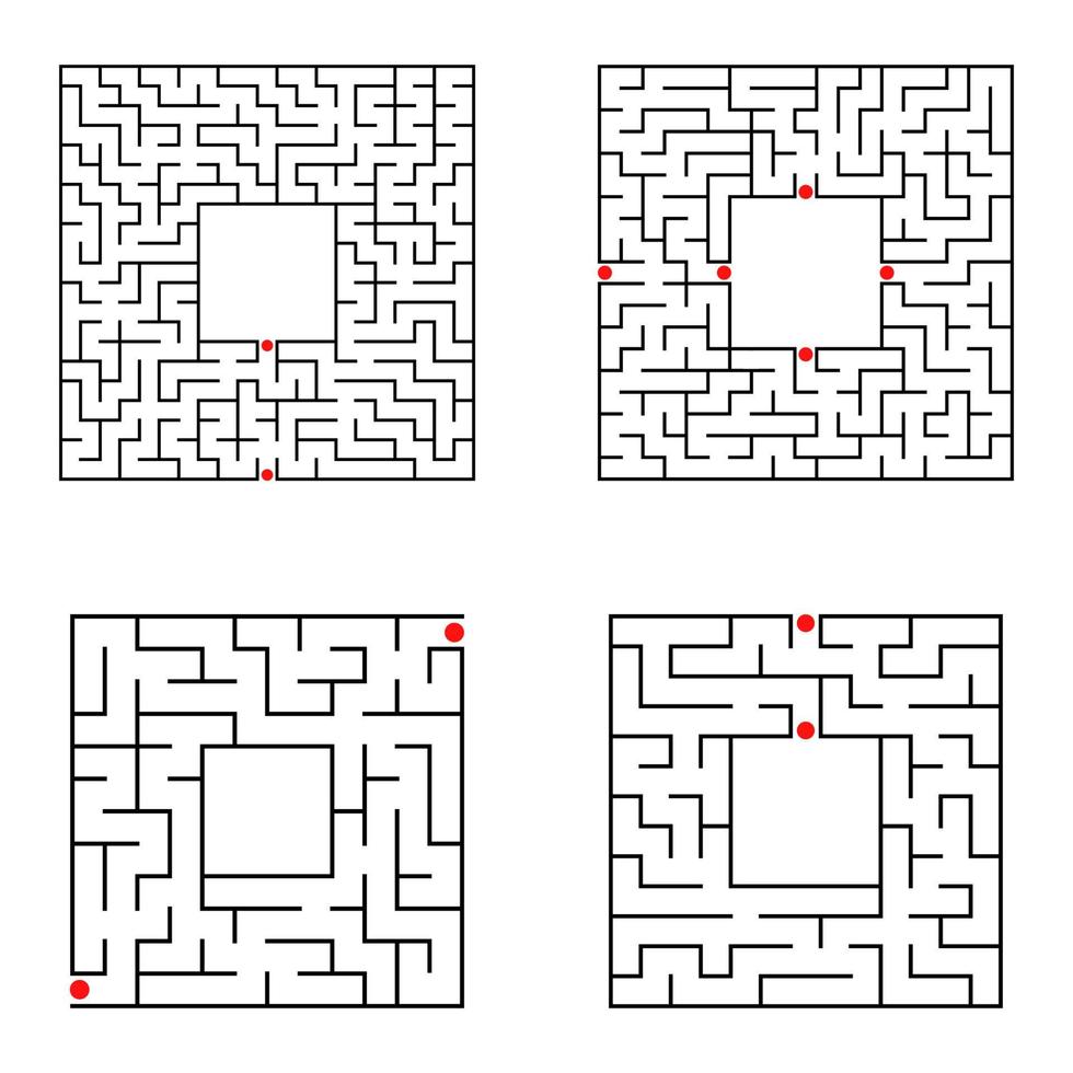 svart abstrakt fyrkantig labyrint med plats för din bild. uppsättning med fyra pussel. ett intressant och användbart spel för barn. en enkel platt vektorillustration isolerad på en vit bakgrund. vektor