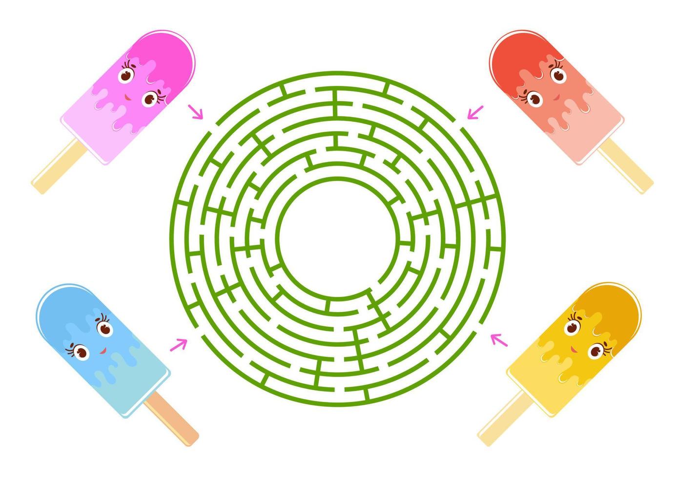 buntes rundes Labyrinth mit einer schönen Zeichentrickfigur. lustiges Eis. ein interessantes und nützliches Spiel für Kinder. einfache flache Vektorillustration lokalisiert auf weißem Hintergrund. vektor