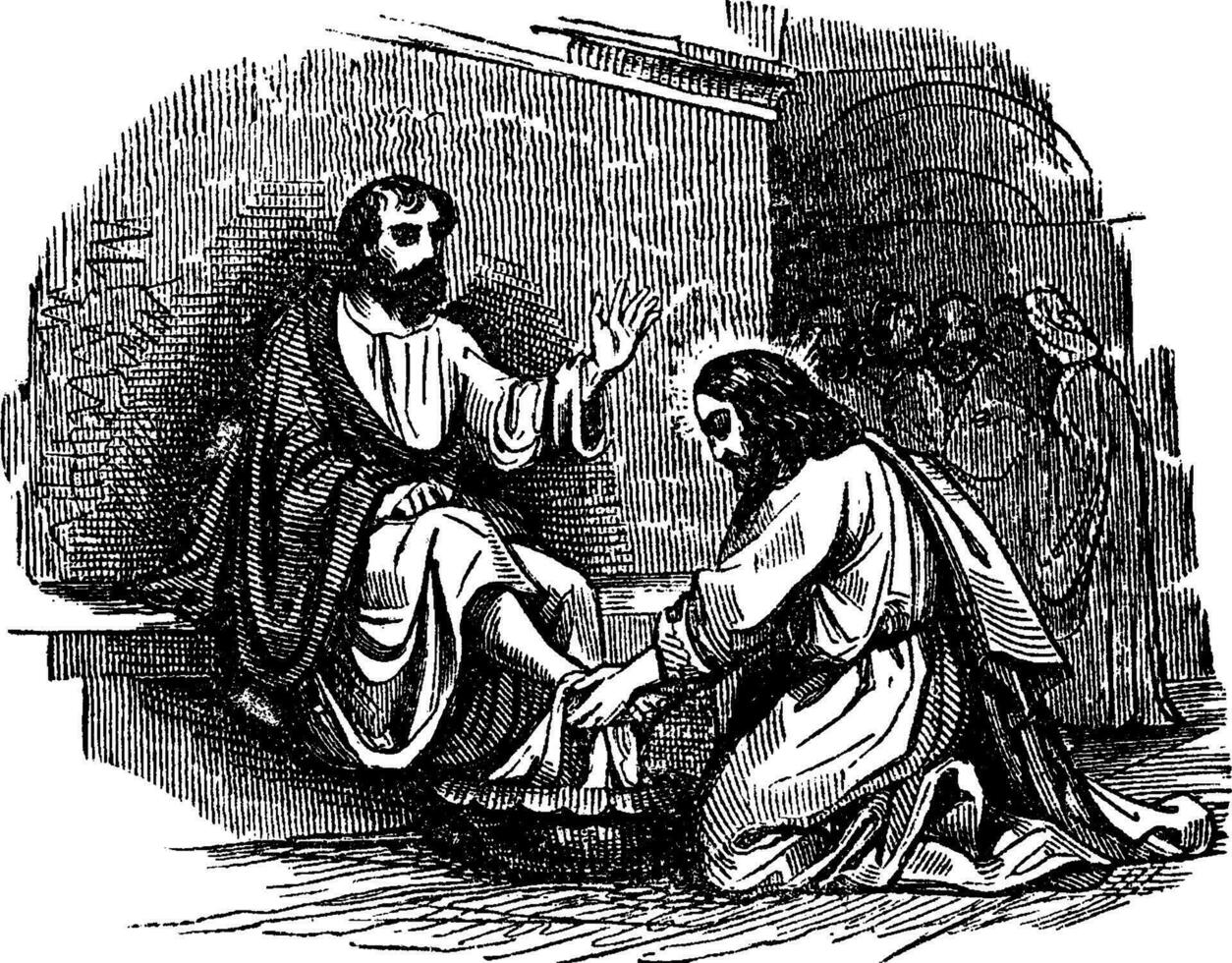 Jesus tvättar de fötter av de Simon Peter på de sista kvällsmat årgång illustration. vektor