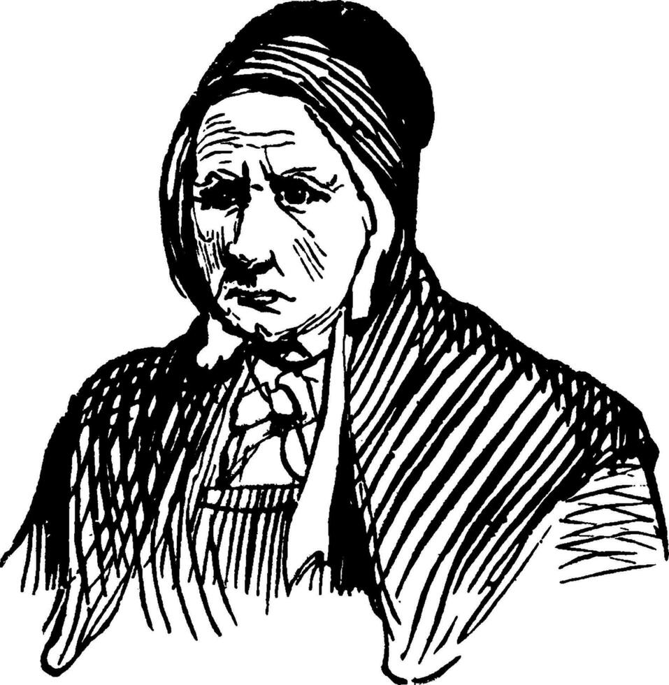 Alten Frau mit ein traurig Ausdruck, Jahrgang Gravur. vektor