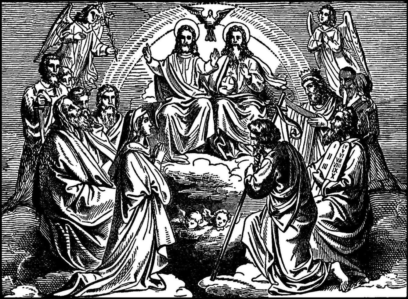 das Apostel, Jesus, Gott, das heilig Geist, und das gesegnet Jungfrau Maria im Himmel Jahrgang Illustration. vektor