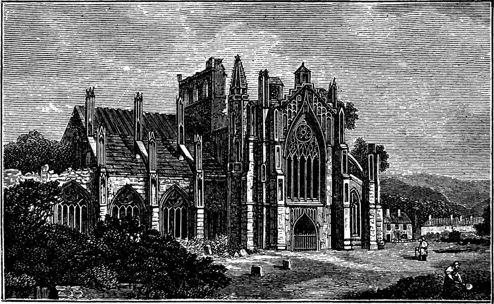 Melrose Abtei Ruinen, ein Gothic Style Abtei im Melrose, Jahrgang Gravur. vektor