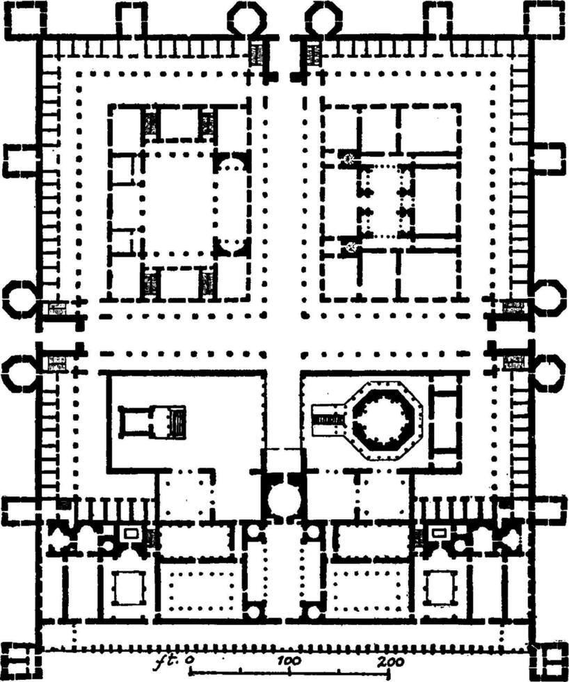 palats av Diocletianus, planen, dioklecijanova palaca i kroatisk, årgång gravyr. vektor