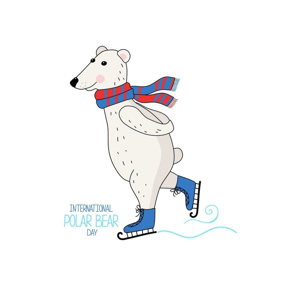 Winter Sport. Karikatur Polar- Bär skaten. International Polar- Bär Tag. Beschriftung, Inschrift. Eis skaten. Arktis Tier. vektor