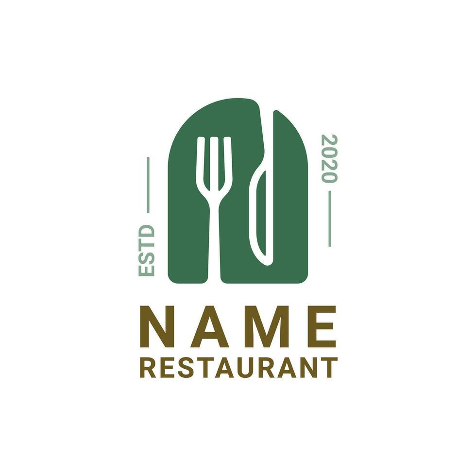 enkel dining restaurang modern logotyp, glas kniv tallrik gaffel sked, elegant naturlig grön, vegetabiliska vegan vektor