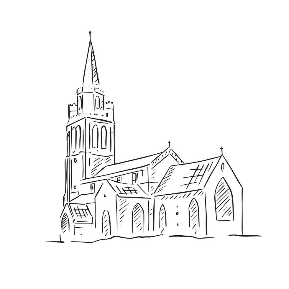 en linje dragen illustration av de Fasad av en brittiskt kyrka i svart och vit. hand dragen i en oärlig stil på fortplanta sig använder sig av ett äpple penna. vektor