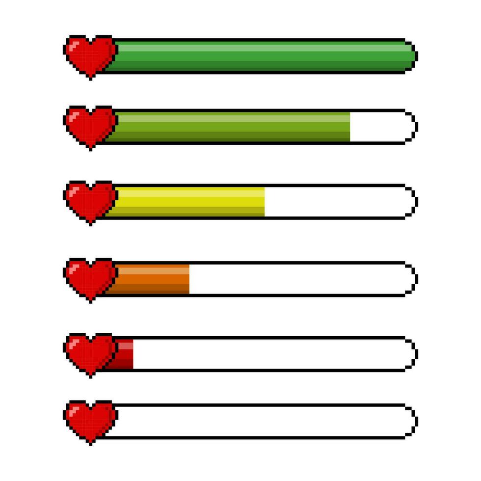 pixel röd hjärtan och en hälsa skala Färg indikator isolerat på vit bakgrund. pixel spel 8 bit hälsa hjärta liv bar ikoner uppsättning. gaming kontrollant vektor illustration.
