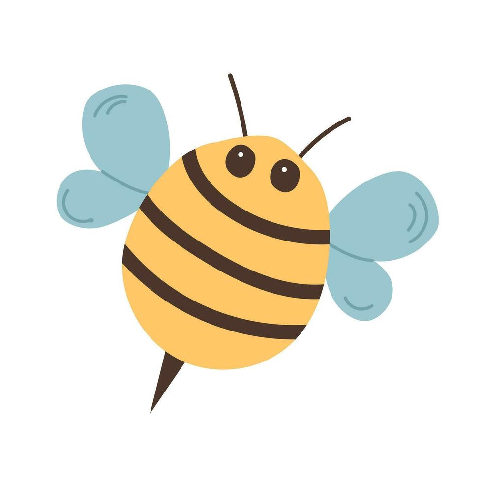 einfach Design von ein Karikatur Gelb und schwarz Biene auf ein Weiß Hintergrund. süß Charakter zum kindisch Design. eben Vektor Illustration.