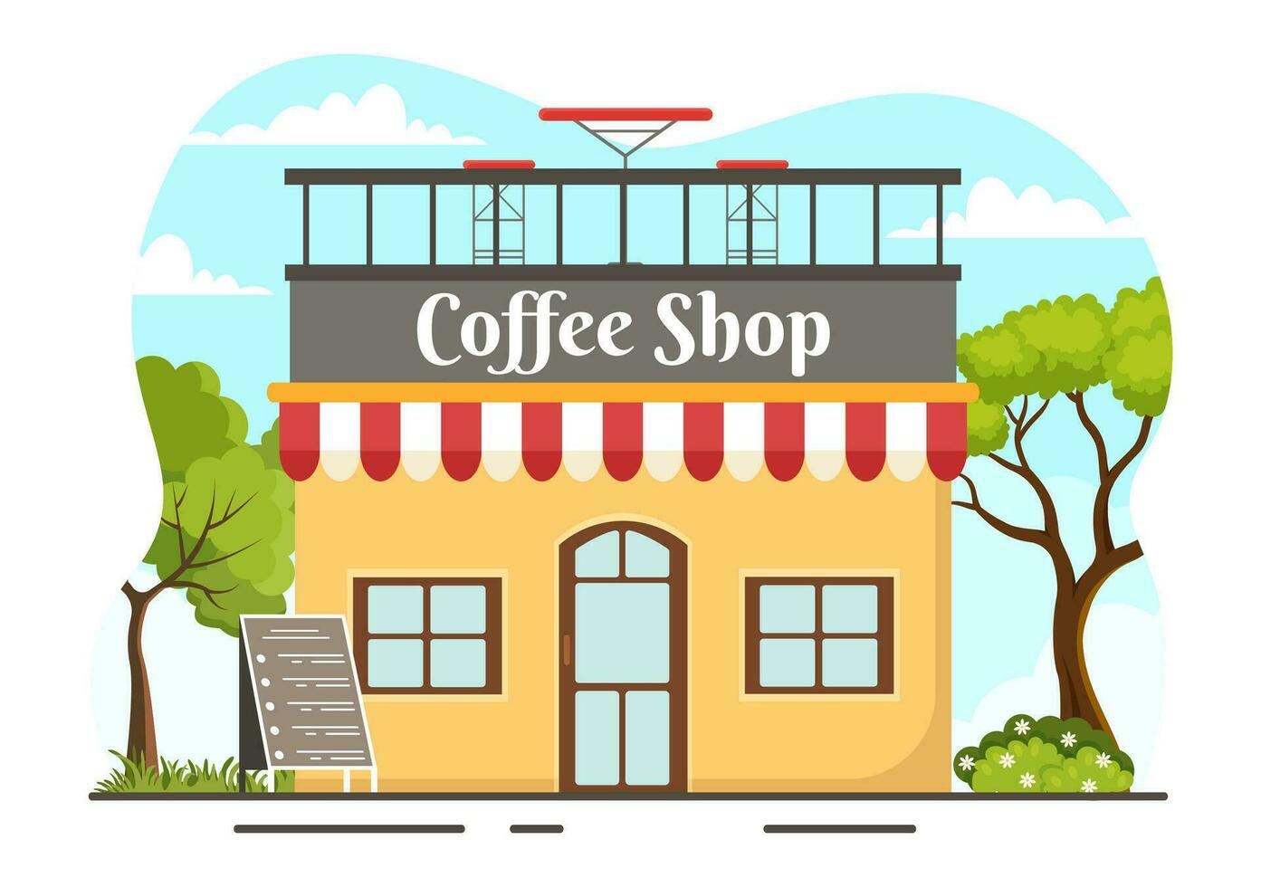 kaffe affär vektor illustration med interiör och möbel lämplig för affisch eller annons i platt tecknad serie bakgrund design