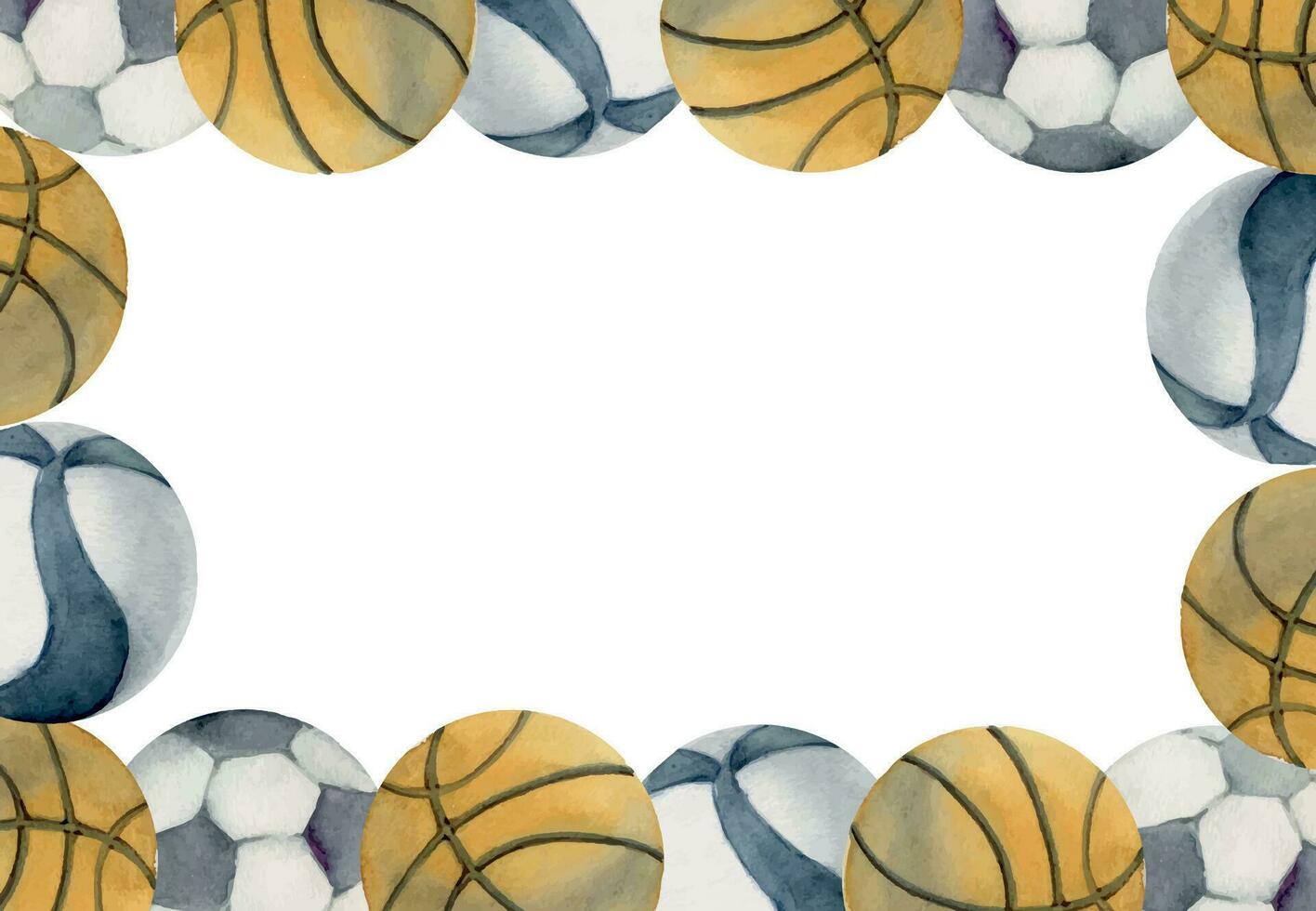 hand dragen vattenfärg sporter Utrustning, basketboll volleyboll fotboll fotboll, hälsa kondition livsstil. illustration isolerat gräns ram vit bakgrund. design affisch, skriva ut, hemsida, kort, affär vektor