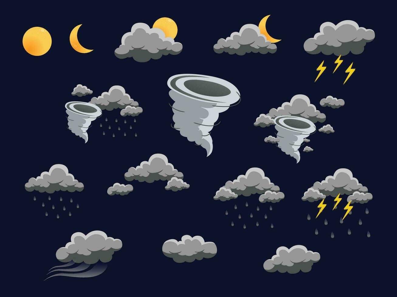 natt väder storm måne moln regn ikoner uppsättning vektor