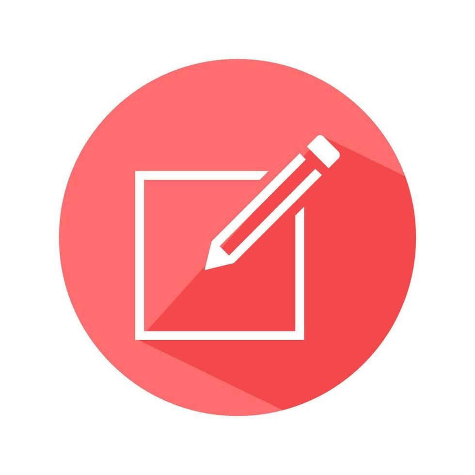platt vit penna och papper webb ikon med lång släppa skugga på röd cirkel vektor