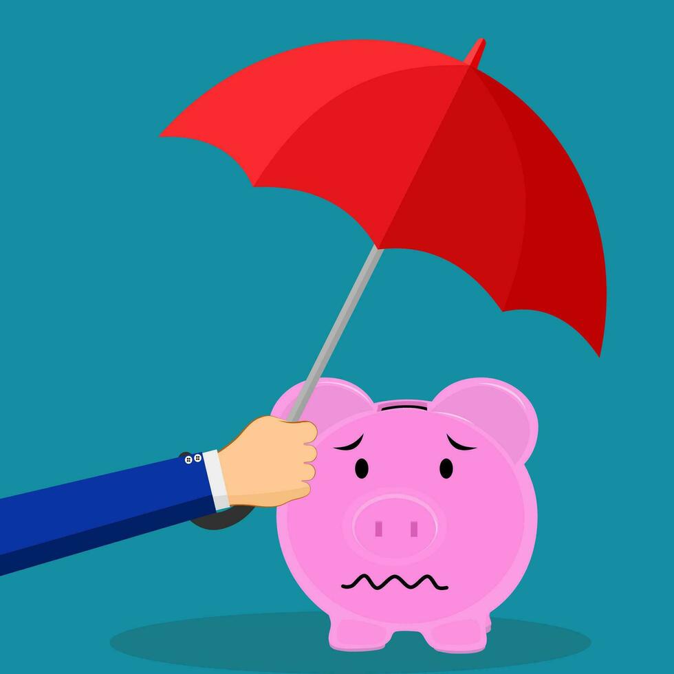 Griff das Regenschirm zu schützen das Schweinchen Bank. finanziell Ersparnisse Konzept. Vektor