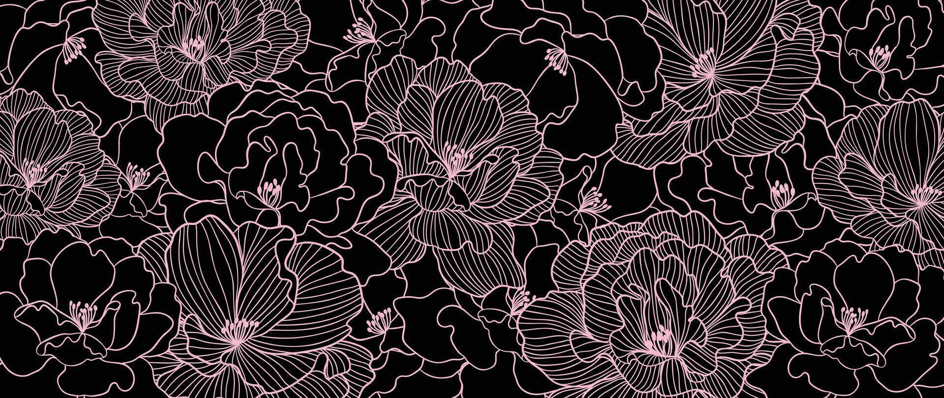 abstrakt pion blomma linje konst bakgrund vektor. naturlig botanisk elegant blomma med rosa linje konst. design illustration för dekoration, vägg dekor, tapet, omslag, baner, affisch, kort. vektor