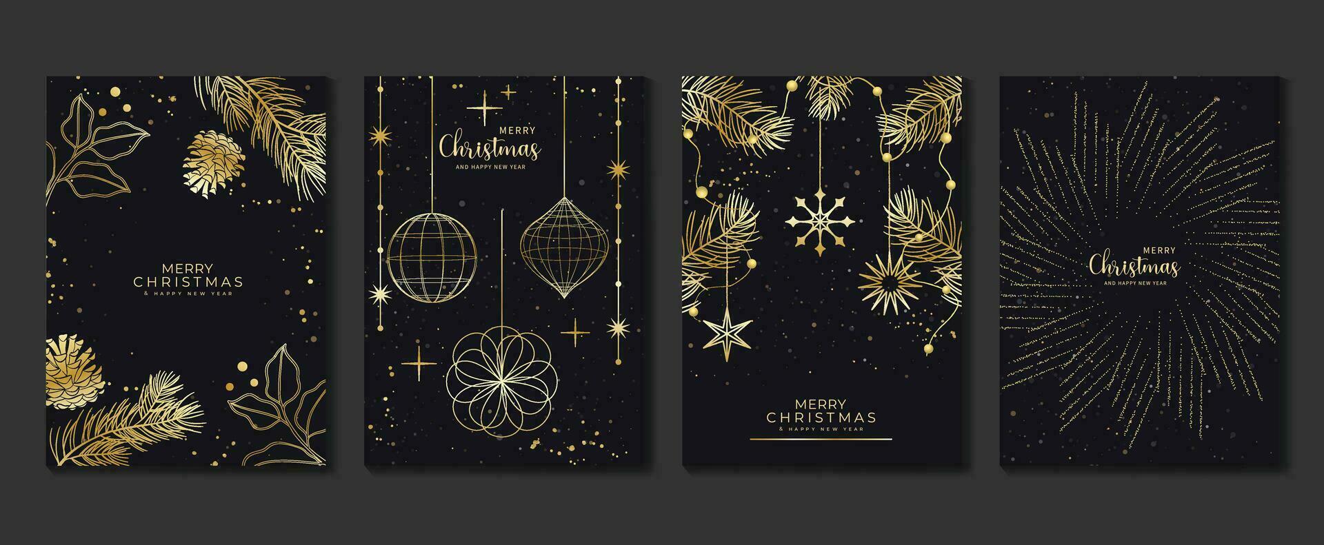 lyx jul inbjudan kort konst deco design vektor. jul struntsak boll, lövverk, snöflinga, blinkande stjärna på mörk bakgrund. design illustration för omslag, skriva ut, affisch, tapet. vektor