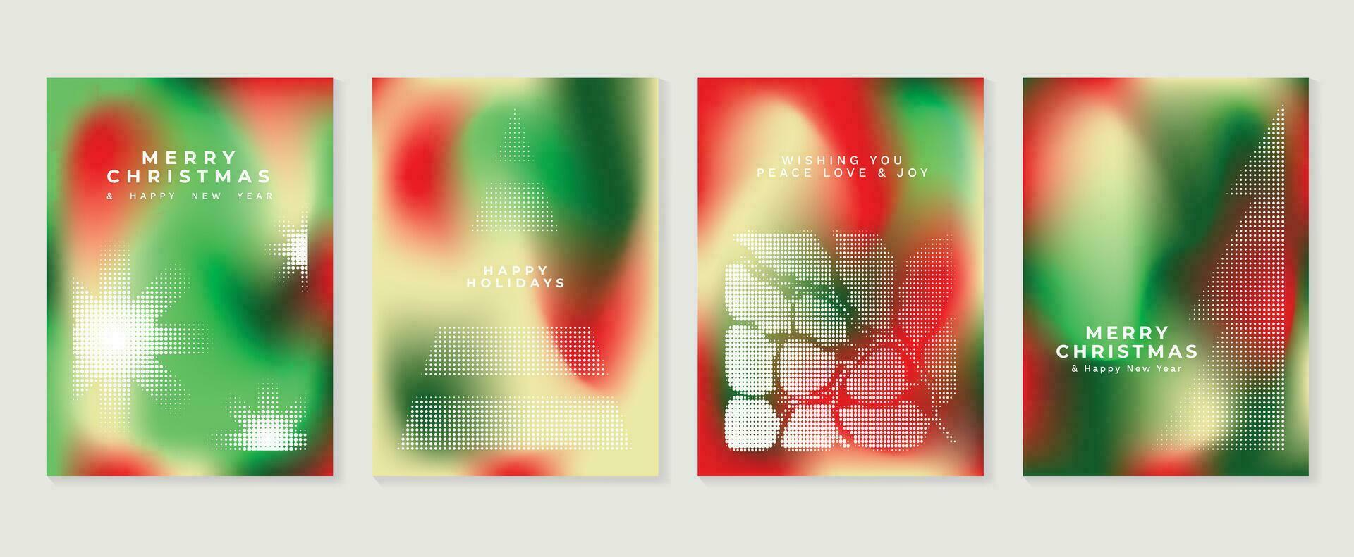 fröhlich Weihnachten Konzept Plakate Satz. süß Gradient holographisch Hintergrund Vektor mit beschwingt Farbe, Weihnachten Baum, Schneeflocke. Kunst modisch Hintergrund Design zum Sozial Medien, Karte, Banner, Flyer.