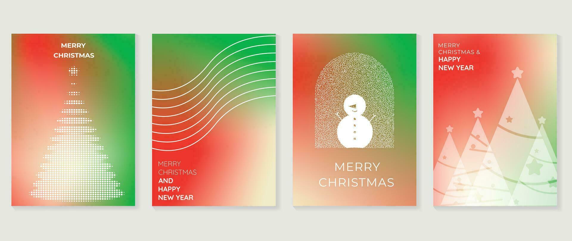 fröhlich Weihnachten Konzept Plakate Satz. süß Gradient holographisch Hintergrund Vektor mit beschwingt Farbe, Weihnachten Baum, Schneemann. Kunst modisch Hintergrund Design zum Sozial Medien, Karte, Banner, Flyer.