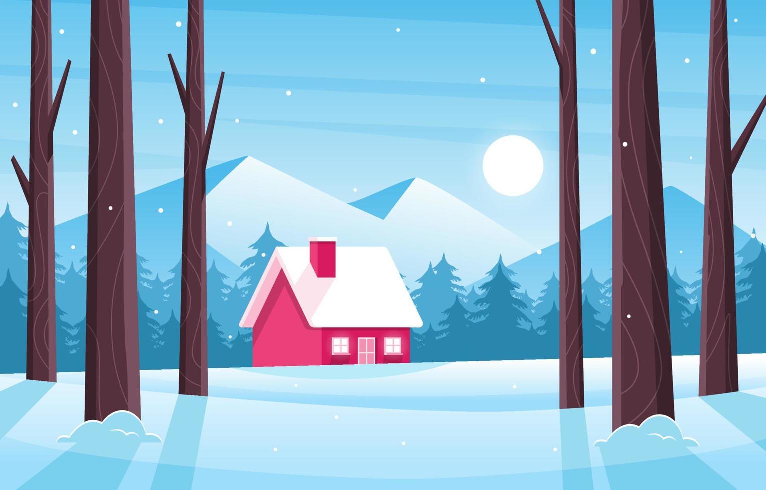 Winterlandschaft im Freien mit Haus- und Waldhintergrund vektor
