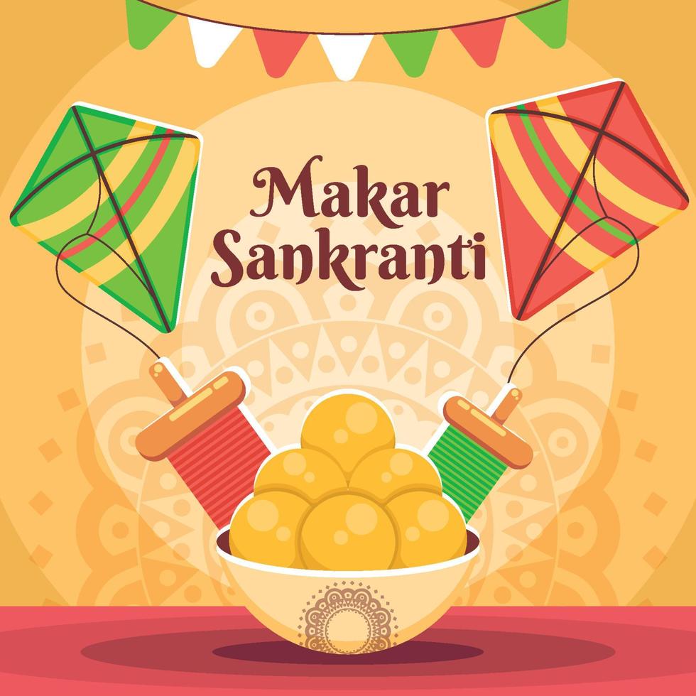 Makar Sankranti Gruß mit Drachen und traditionellem Essen vektor