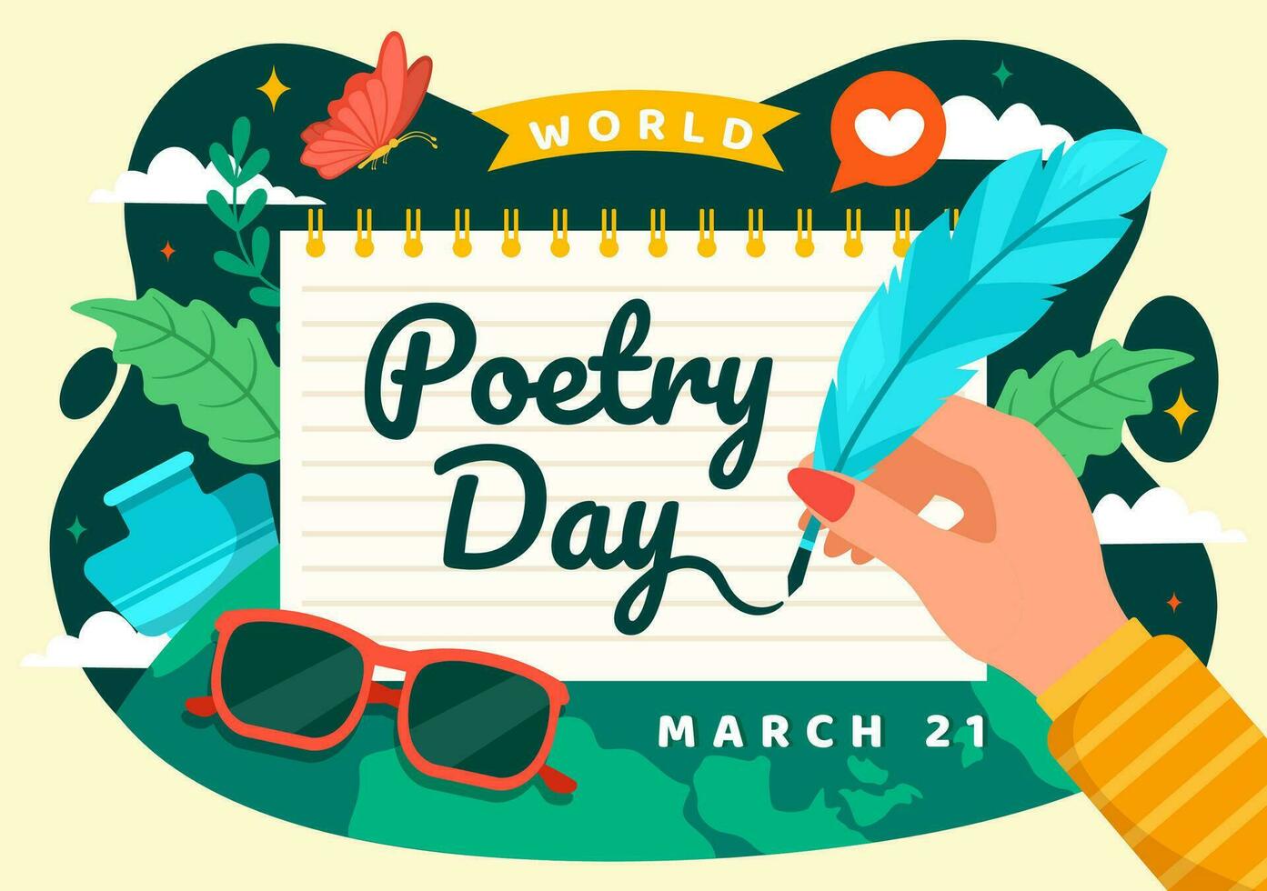 värld poesi dag vektor illustration på Mars 21 med en gåspenna, bläck, papper, skrivmaskin och bok till skrivning i litteratur platt tecknad serie bakgrund