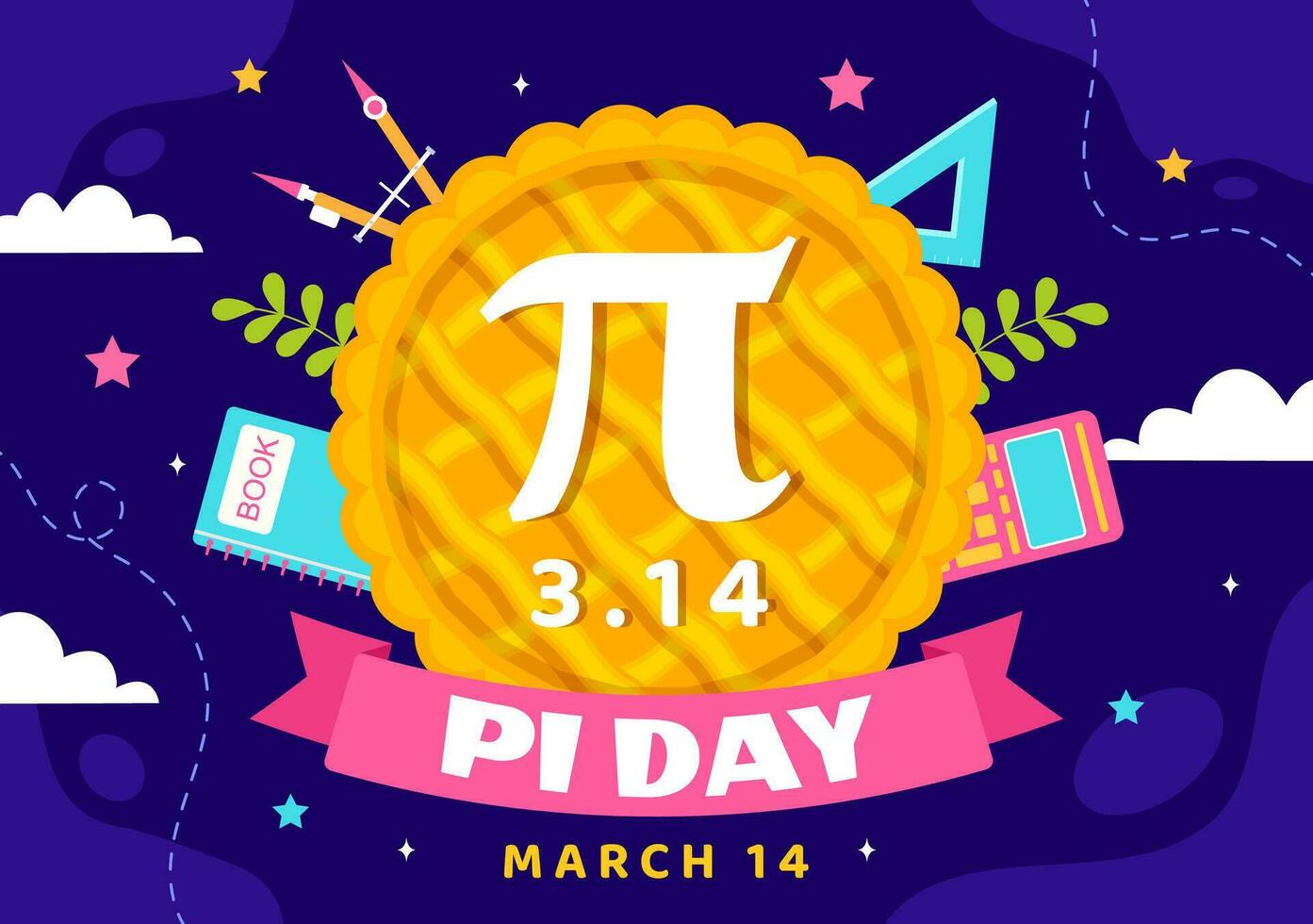 Lycklig pi dag vektor illustration med på 14v Mars matematisk konstanter, grekisk brev eller bakad ljuv paj i Semester platt tecknad serie bakgrund