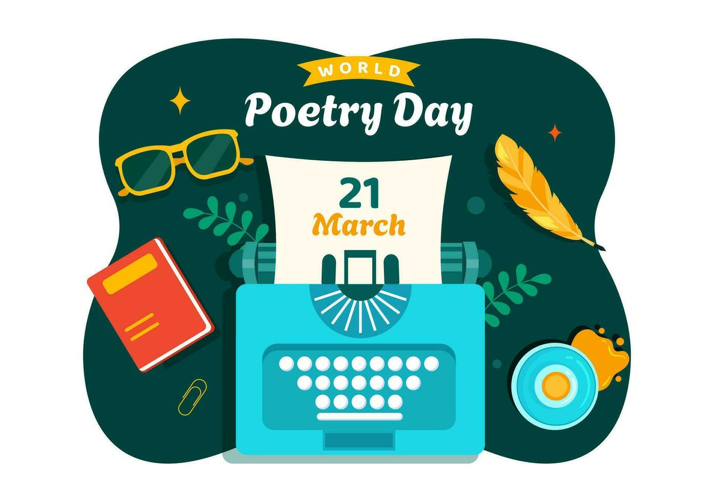 värld poesi dag vektor illustration på Mars 21 med en gåspenna, bläck, papper, skrivmaskin och bok till skrivning i litteratur platt tecknad serie bakgrund