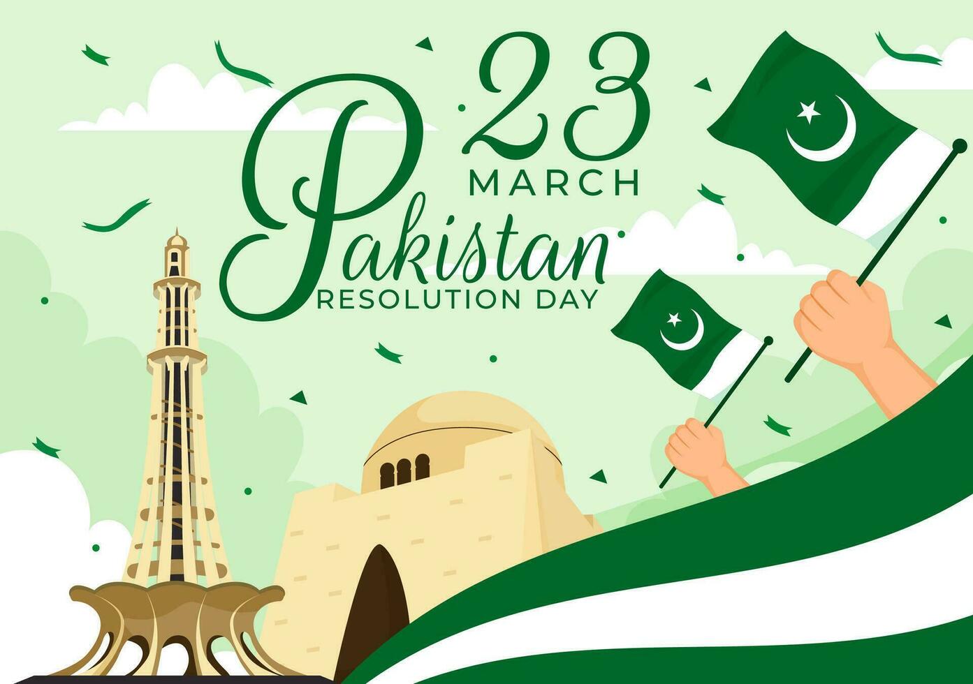glücklich Pakistan Auflösung Tag Vektor Illustration auf 23 März mit winken Flagge und Sehenswürdigkeiten im National Urlaub eben Karikatur Hintergrund Design