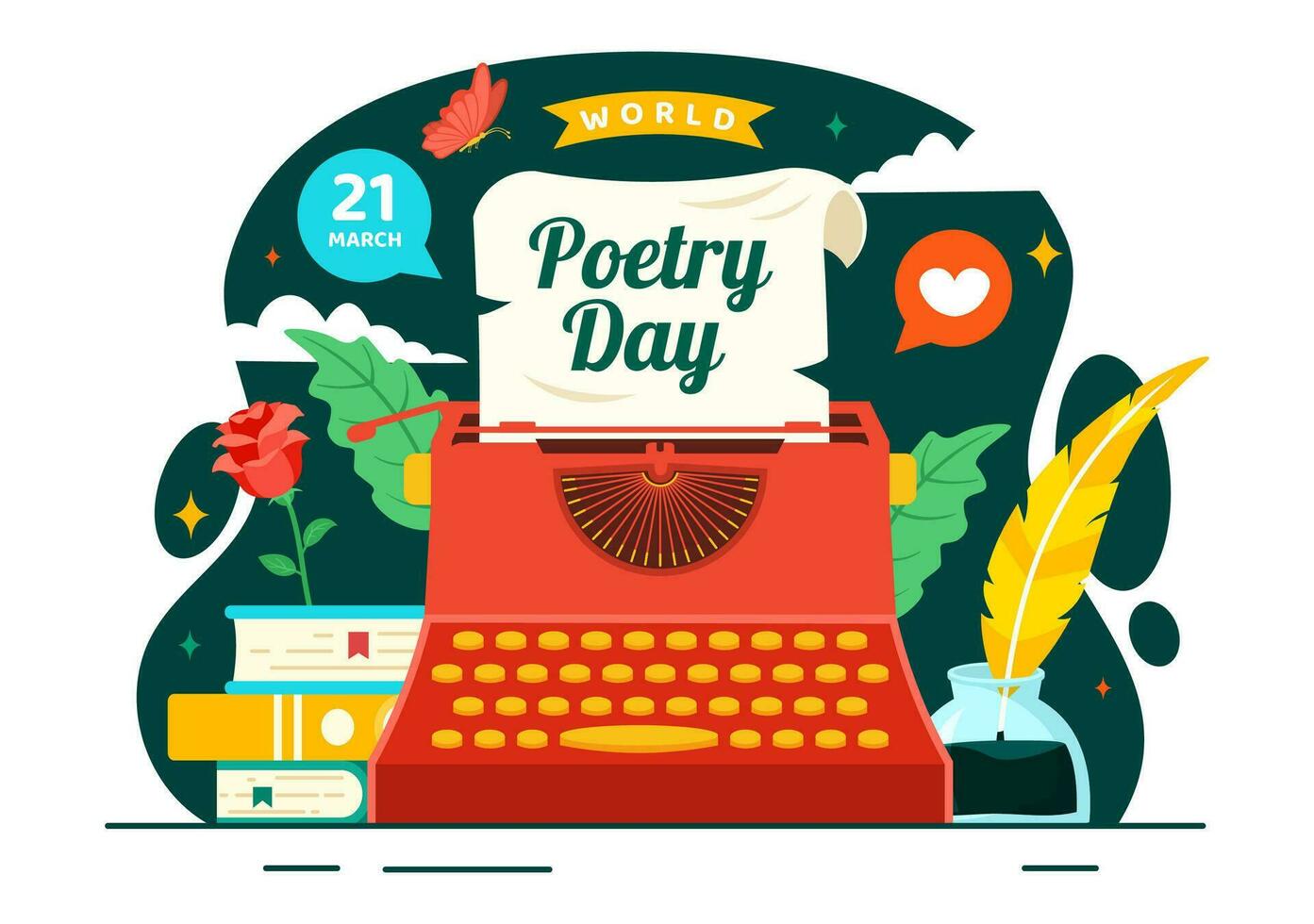 Welt Poesie Tag Vektor Illustration auf März 21 mit ein Feder, Tinte, Papier, Schreibmaschine und Buch zu Schreiben im Literatur eben Karikatur Hintergrund