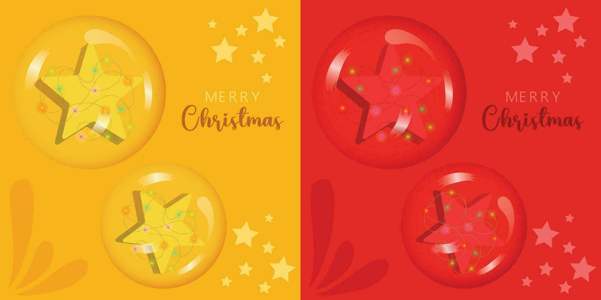 uppsättning av jul bubbla inuti ljus ljus girlander, realistisk 3d färgrik stjärna, hängande på guld band. vektor