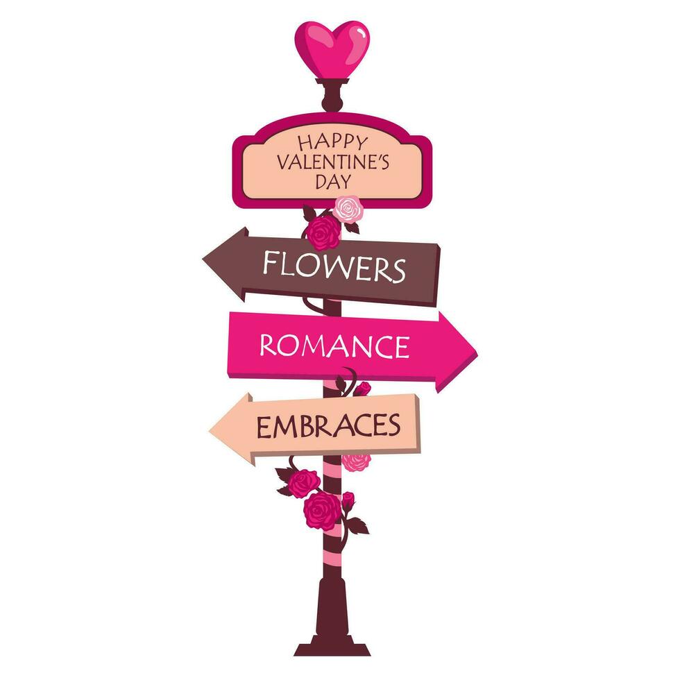 en väg tecken med pilar för hjärtans dag. romantisk pekare med blomning ro med inskriptioner på de pilar Lycklig hjärtans dag, kramar, blommor, romantik. illustrerade vektor ClipArt.