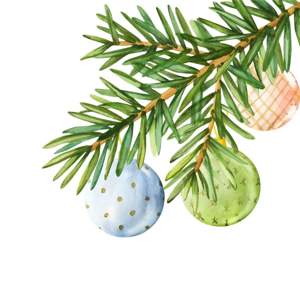 vattenfärg jul träd grenar dekorerad med blå, rosa, grön glas bollar hängande på gyllene band. vektor. vattenfärg xmas ornament illustration för dekoration och design vektor