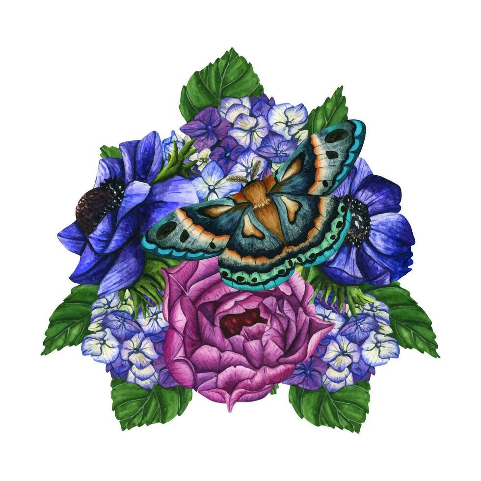 violett anemon, tulpaner och fjäril. vektor illustration av blomma sammansättning, bukett för hälsning kort, bakgrund eller flygblad. Mars 8. internationell kvinnors dag, födelsedag och mödrar dag kort