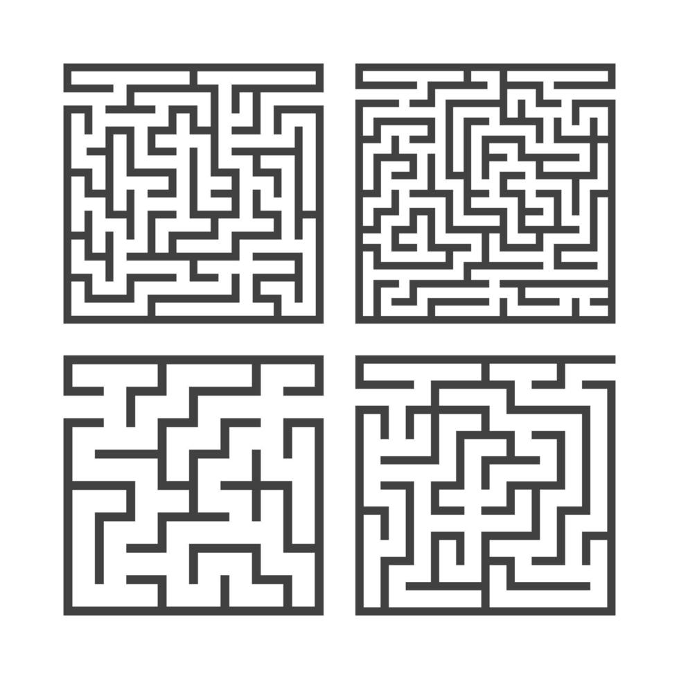 eine Reihe von quadratischen Labyrinthen mit verschiedenen Schwierigkeitsgraden. Spiel für Kinder. Puzzle für Kinder. ein Eingang, ein Ausgang. Labyrinth Rätsel. flache Vektorillustration lokalisiert auf weißem Hintergrund. vektor