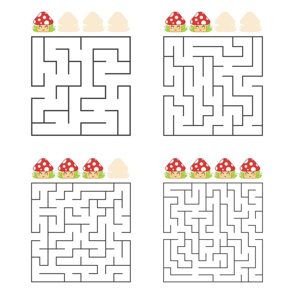 eine Reihe von quadratischen Labyrinthen. vier Schwierigkeitsgrade. süße Pilze. Spiel für Kinder. ein Eingang, ein Ausgang. Labyrinth Rätsel. flache Vektorillustration lokalisiert auf weißem Hintergrund. vektor
